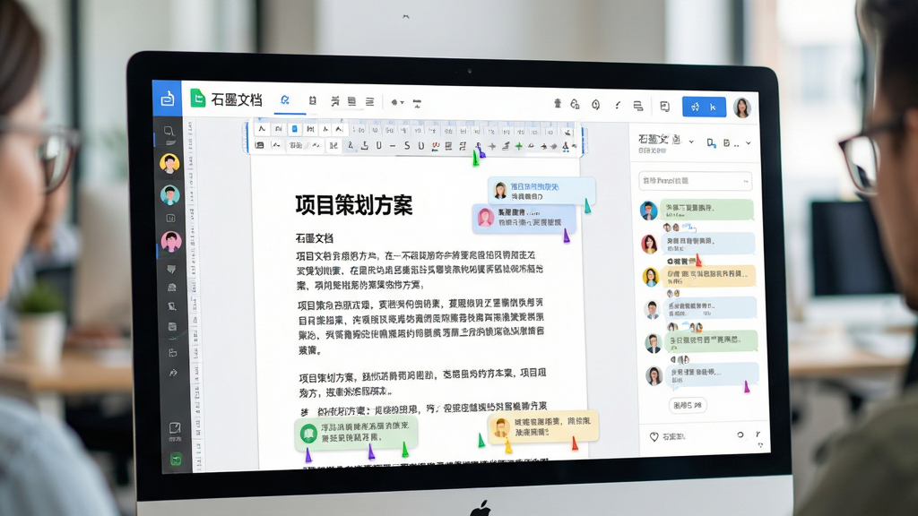 主体:一张展示多人同时在线编辑石墨文档的电脑屏幕特写。布局:屏幕占据画面中心,显示文档编辑界面,多个彩色光标和浮动评论框分布在文档各处。排版:文档内容清晰,标题为“项目策划方案”,正文有文字段落,右侧有聊天式评论列表。风格:写实与扁平结合,色彩明快,突出协作氛围。细节:画面中可见不同颜色的用户头像和光标,以及“石墨文档”的界面元素,背景为虚化的办公环境。画质:高清细腻,无多余元素,重点突出。