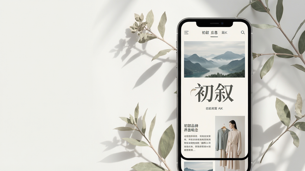 主体:初叙品牌应用界面概念图,展示手机屏幕中呈现的杂志风格图文排版,画面中央有“初叙”二字艺术字。布局:手机位于画面中心偏右,周围环绕淡雅的植物枝叶和光影,左侧留白。排版:手机屏幕内显示大图与文字块交错,顶部有导航栏。风格:极简、文艺、莫兰迪色调,柔和光线,干净背景。细节:屏幕中图片为山水与服饰搭配,文字清晰可读。画质:8k超清,干净,无多余元素。