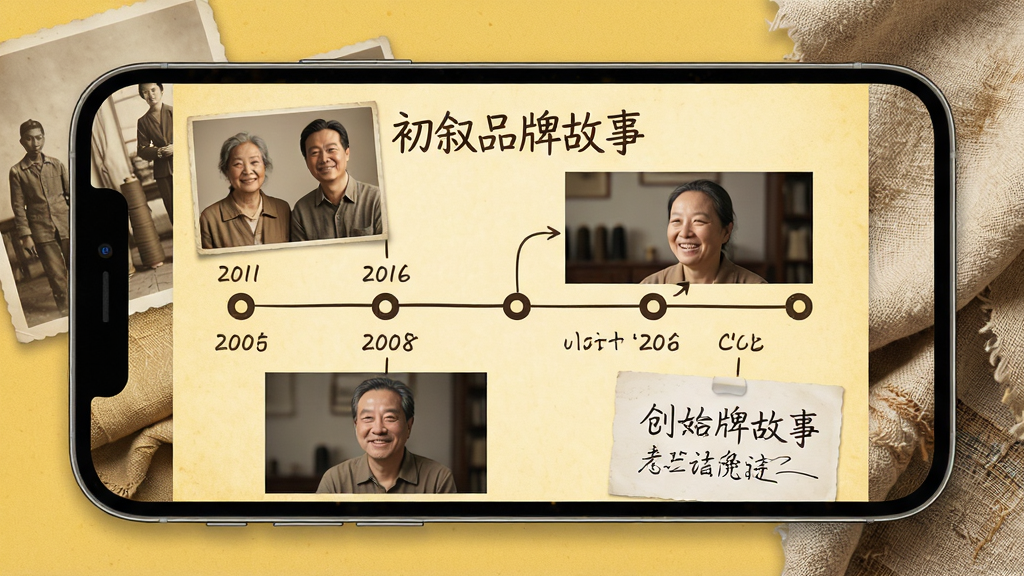 主体:手机界面展示初叙品牌时间轴,配以创始人访谈视频截图,文字“初叙品牌故事”。布局:手机横屏展示,左右两侧有旧照片和布料纹理。排版:时间轴以圆点串联,年份清晰标注,图片与文字交替。风格:复古、文艺、暖黄色调,胶片质感。细节:访谈截图人物微笑,手稿线条流畅。画质:高清,干净,无多余元素。