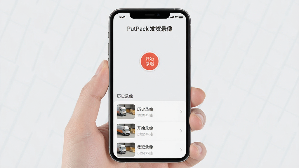 一张手机屏幕展示PutPack发货录像主界面,顶部有“PutPack发货录像”文字,界面简洁,中间是开始录制按钮,下方有历史录像列表,背景为浅灰色,整体风格现代清爽,干净无多余元素,高清画质