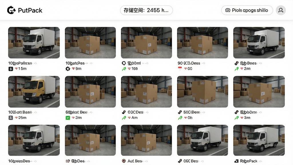 PutPack发货录像应用展示视频列表界面,缩略图清晰排列,顶部有存储空间显示,界面简洁明了,背景为白色,细节丰富,干净无多余元素,高清画质
