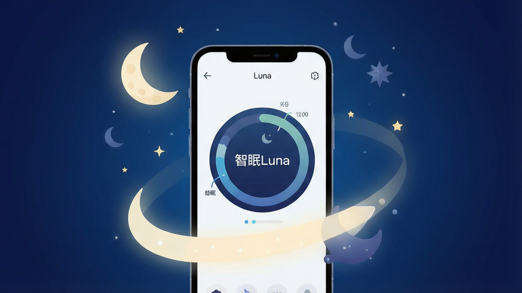 一张展示智眠Luna软件核心功能的预览图,画面中央是一部亮着屏幕的智能手机,屏幕上显示着睡眠监测的圆形图表和“智眠Luna”字样,手机周围环绕着柔和的月光和宁静的星空元素,背景是深蓝色的渐变,营造出安静舒适的睡眠氛围。布局简洁大方,采用扁平化设计风格,细节精致,画质高清干净,无多余元素。