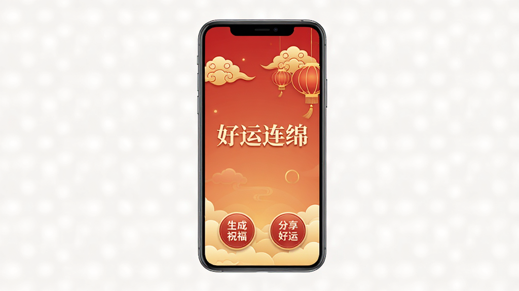 一张手机应用预览图,画面中央展示“好运连绵”应用主界面,背景为暖红色渐变,上方悬浮着金色祥云与灯笼图案,界面底部有“生成祝福”和“分享好运”两个圆形按钮,整体风格喜庆祥和,画质清晰,干净无多余元素