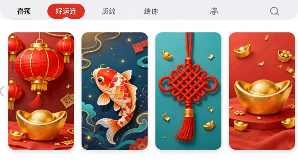 好运连绵应用素材库界面,横向滑动展示多张精美卡片,有红灯笼、锦鲤、中国结、金色元宝等元素,卡片排列整齐,色彩鲜艳,界面顶部有分类标签栏,整体布局清晰,画质细腻,干净无多余元素