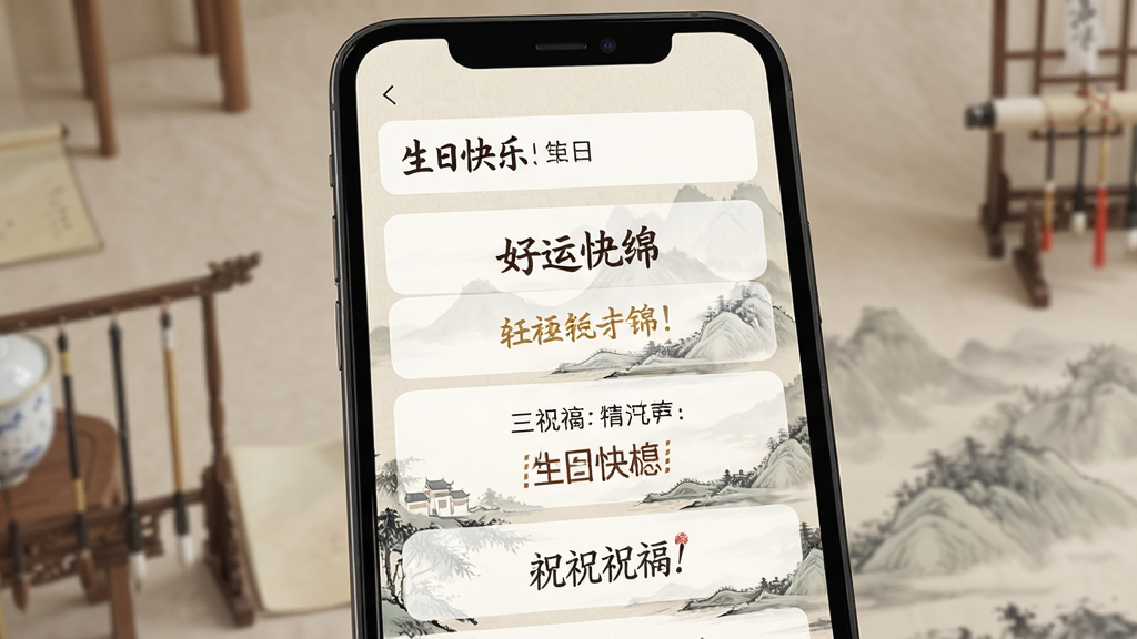 好运连绵智能文案生成功能演示,手机屏幕显示输入框输入“生日快乐”,下方出现多条生成的祝福语选项,字体风格各异,背景为淡雅的中国风山水画,界面简洁清爽,画质高清,干净无多余元素