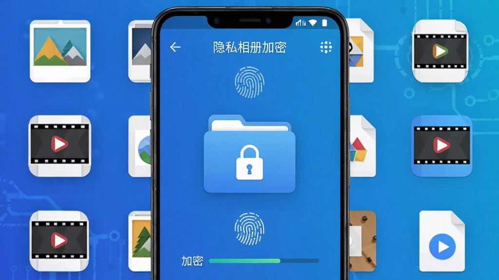 主体:一款名为“隐私相册加密”的安卓手机应用界面,画面中央显示加密的相册文件夹图标,带有锁形徽标,周围环绕着照片、视频等文件图标,布局清晰,手机屏幕居中展示,背景为渐变蓝色科技感,风格简约现代,细节包括指纹解锁图标和加密进度条,画质高清,干净,无多余元素