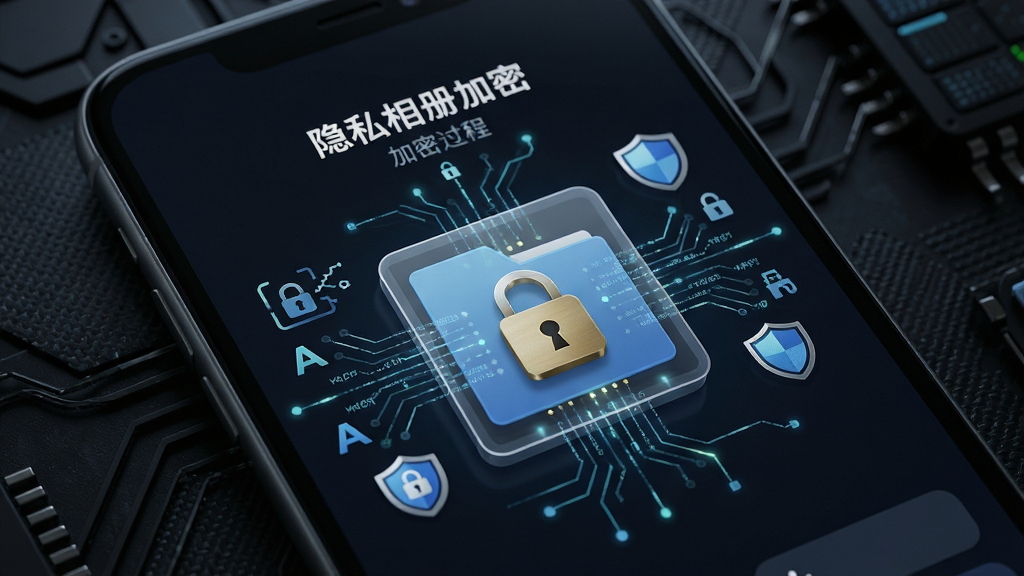 主体:智能手机屏幕特写,显示“隐私相册加密”应用的加密过程,画面中一个文件被锁形图标包裹,周围有数据流线条,布局集中,背景为深色科技纹理,风格写实,细节包括加密算法符号和盾牌图标,画质清晰,干净,无多余元素