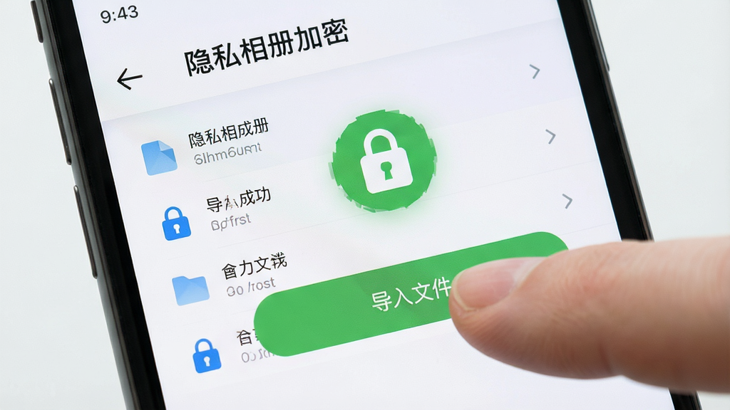 主体:智能手机屏幕显示“隐私相册加密”应用内操作界面,画面中手指正在点击“导入文件”按钮,周围有加密成功的提示图标,布局直观,背景为浅色极简风格,风格清新,细节包括文件列表和加密锁图标,画质高清,干净,无多余元素