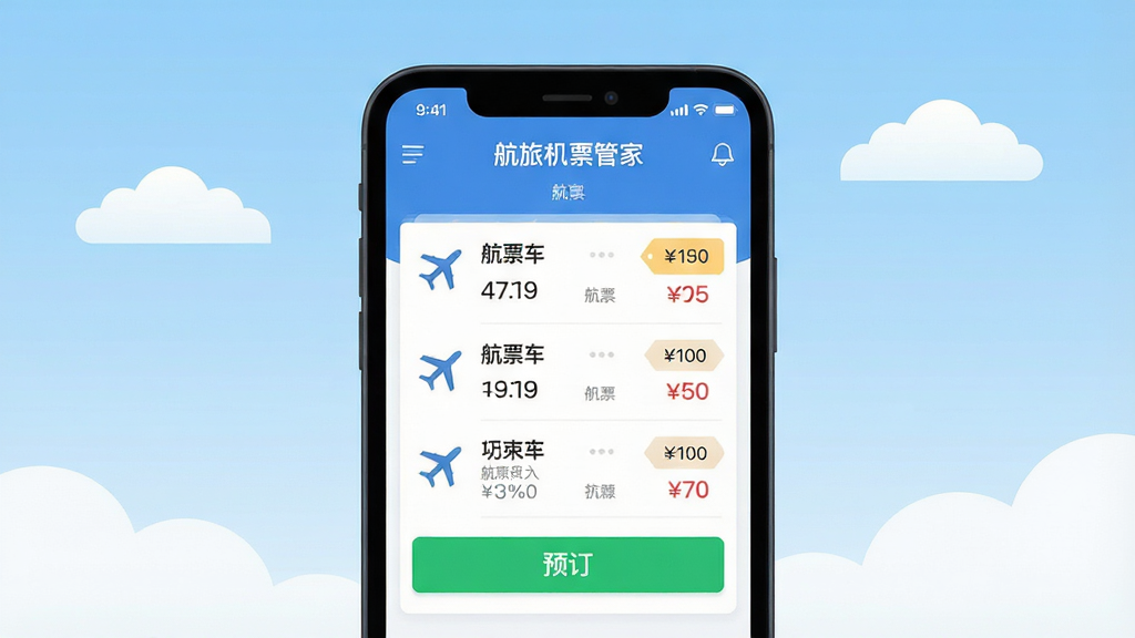 一幅现代扁平化风格的软件宣传主视觉图,主体为智能手机屏幕展示“航旅机票管家”主界面,界面中清晰显示航班列表、价格标签和绿色预订按钮,背景为浅蓝色渐变天空与白色云朵,布局居中对称,排版简洁大气,细节包括飞机图标与目的地文字,画质高清干净无多余元素