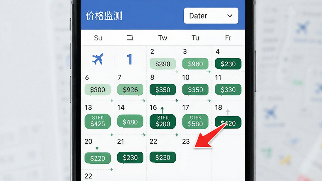 手机竖屏显示航旅机票管家的低价日历页面,日历表格中不同日期显示不同深浅的绿色价格标签,最深色代表最低价,顶部有“价格监测”字样与下拉菜单,布局规整,排版密集有序,风格清爽,细节包含红色箭头指向最低价日期,画质高清干净