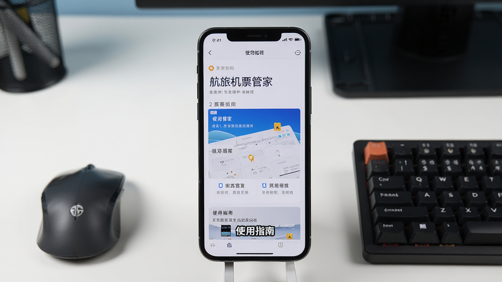 一部手机正播放航旅机票管家的使用教程视频,屏幕中显示操作步骤,手机旁有鼠标和键盘,背景为干净工作台,布局居中,风格写实,细节有“使用指南”字幕,画质高清干净