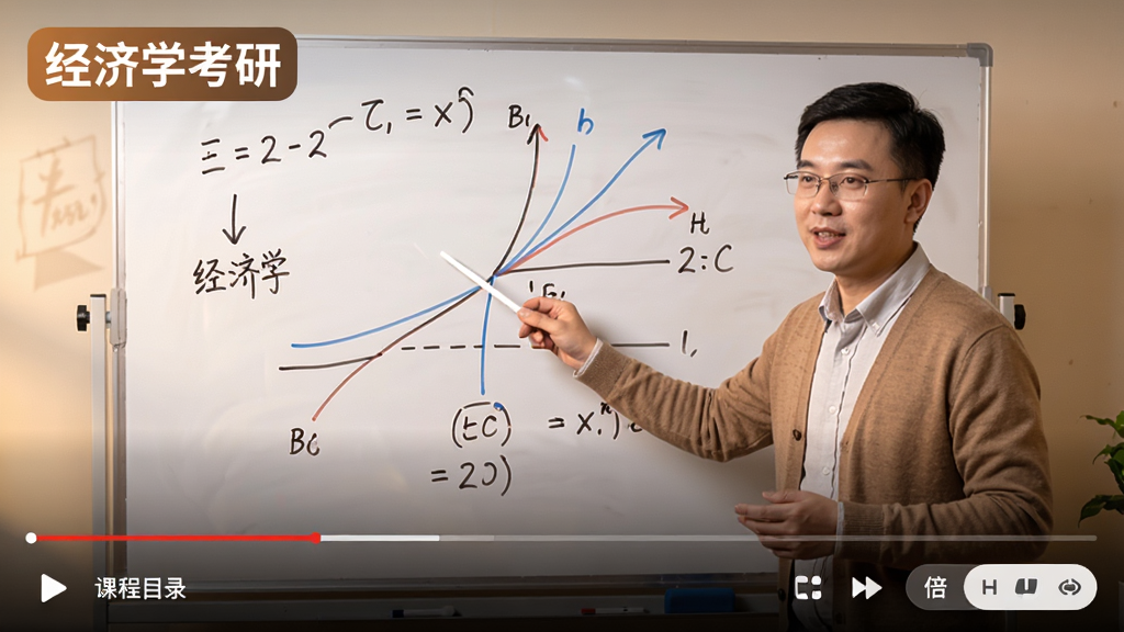 主体为经济学考研视频课程播放页面,画面中一位老师在白板前讲解经济学曲线,下方有课程目录和倍速控制按钮,整体色调温暖,布局舒适,画质高清,无多余元素,视频左上角显示“经济学考研”标识