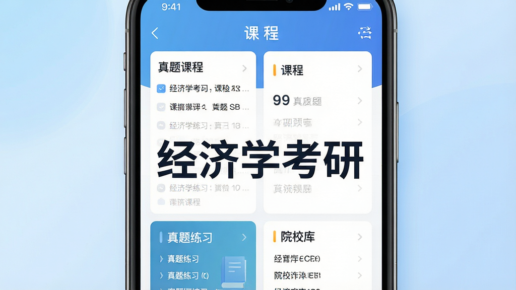 主体为智能手机屏幕展示经济学考研应用界面,界面包含课程列表、真题练习、院校库等模块,背景为浅蓝色渐变,整体布局简洁清晰,现代扁平化风格,细节丰富,画质高清干净,无多余元素,屏幕中央显示“经济学考研”字样