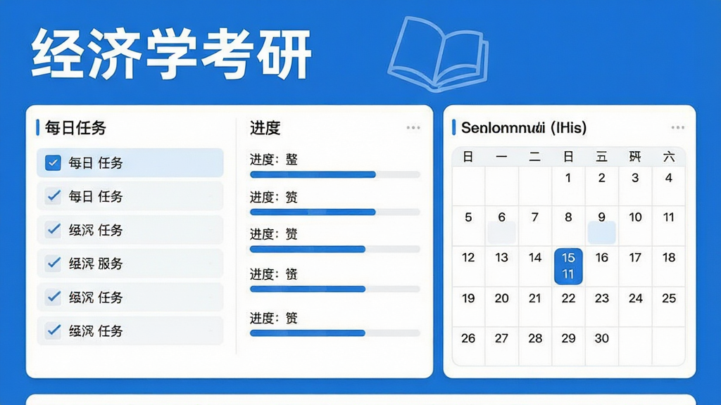 主体为经济学考研应用的学习规划页面截图,页面展示每日任务列表、进度条和日历视图,设计风格简约清爽,色彩以蓝白为主,布局层次分明,细节丰富,画质干净,无多余元素,页面顶部显示“经济学考研”名称