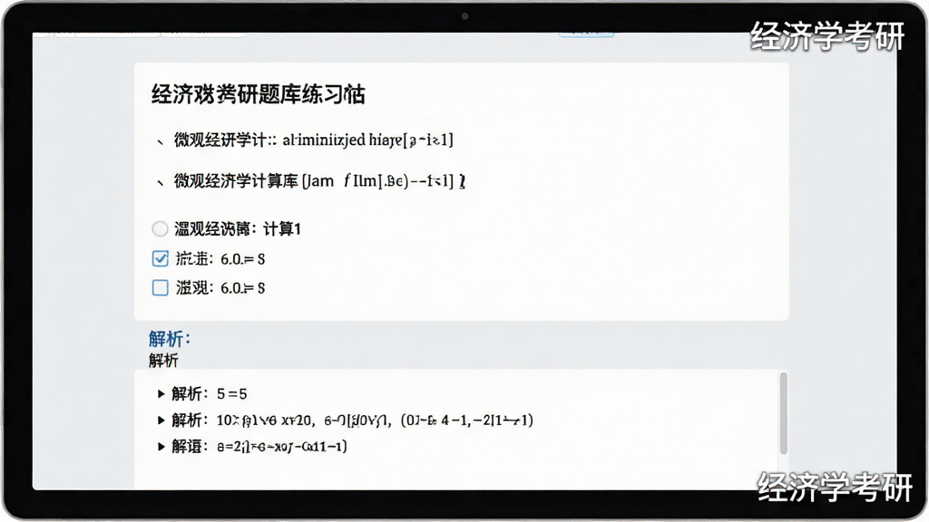 主体为经济学考研题库练习界面,界面展示一道微观经济学计算题,下方有选项和解析区域,背景为淡灰色,界面设计简洁明了,重点突出题目和解析,画质清晰干净,无多余元素,屏幕角落有“经济学考研”水印