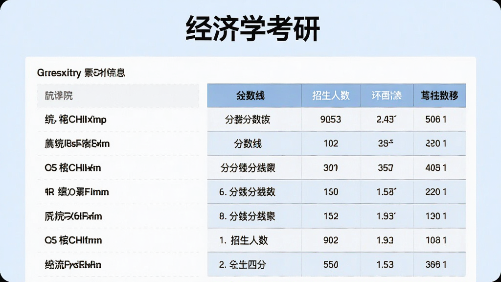 主体为经济学考研院校信息页面,展示院校列表和对比表格,包含分数线、招生人数等数据,背景为淡蓝色,界面设计清晰直观,数据排版整齐,画质干净,无多余元素,页面顶部显示“经济学考研”名称
