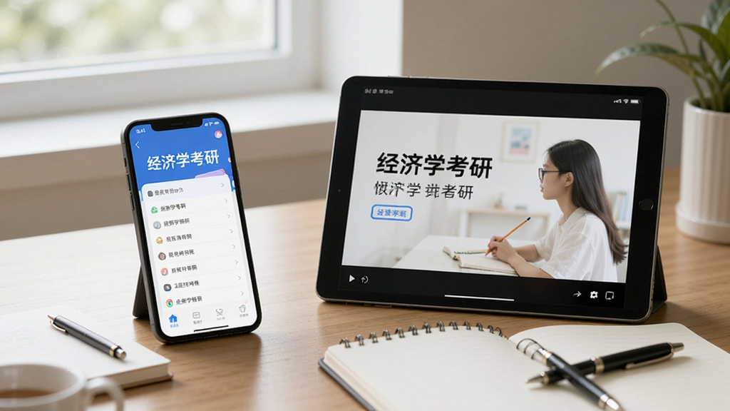 主体为经济学考研应用在手机和平板上使用的场景图,手机放置于书桌,平板正在播放课程视频,周围有笔记本和笔,整体氛围安静专注,自然光照明,画面干净无多余元素,清晰展示“经济学考研”应用界面