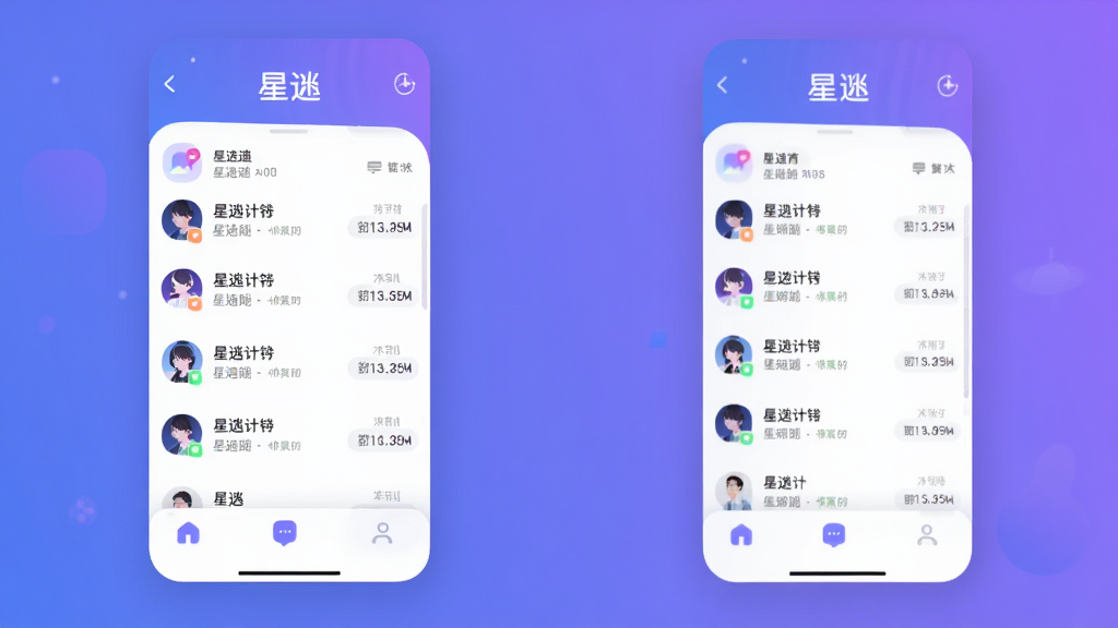 星逑app主界面预览图,展示聊天列表与底部导航栏,整体风格简约现代,以蓝紫色渐变为主色调,界面元素圆润,配有“星逑”logo,高清渲染,画质干净,无多余元素