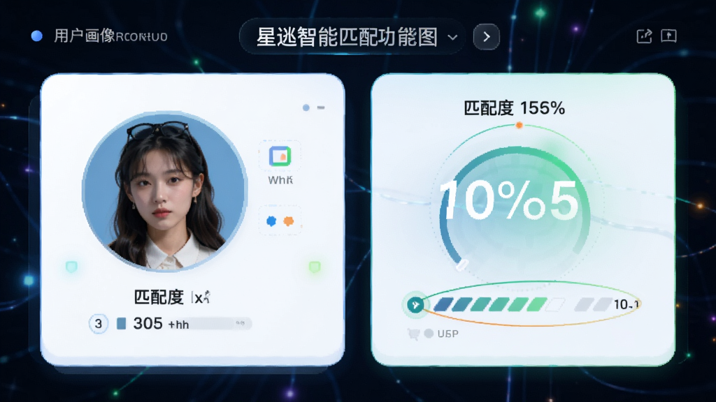 星逑智能匹配功能示意图,展示用户画像与匹配度百分比,界面以卡片式布局呈现,色彩清新明快,突出“匹配度”数字,整体风格科技感十足,高清画质,干净无多余元素