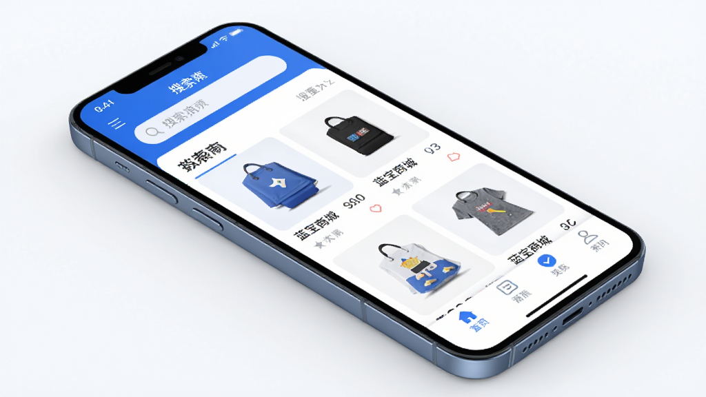 主体为一部亮屏的智能手机,屏幕中展示“蓝宝商城”APP界面,界面布局清晰,顶部搜索栏,中部商品瀑布流,底部功能标签栏。整体风格现代简约,蓝白主色调,扁平化UI设计,画面干净明亮,高清渲染质感,无多余元素。
