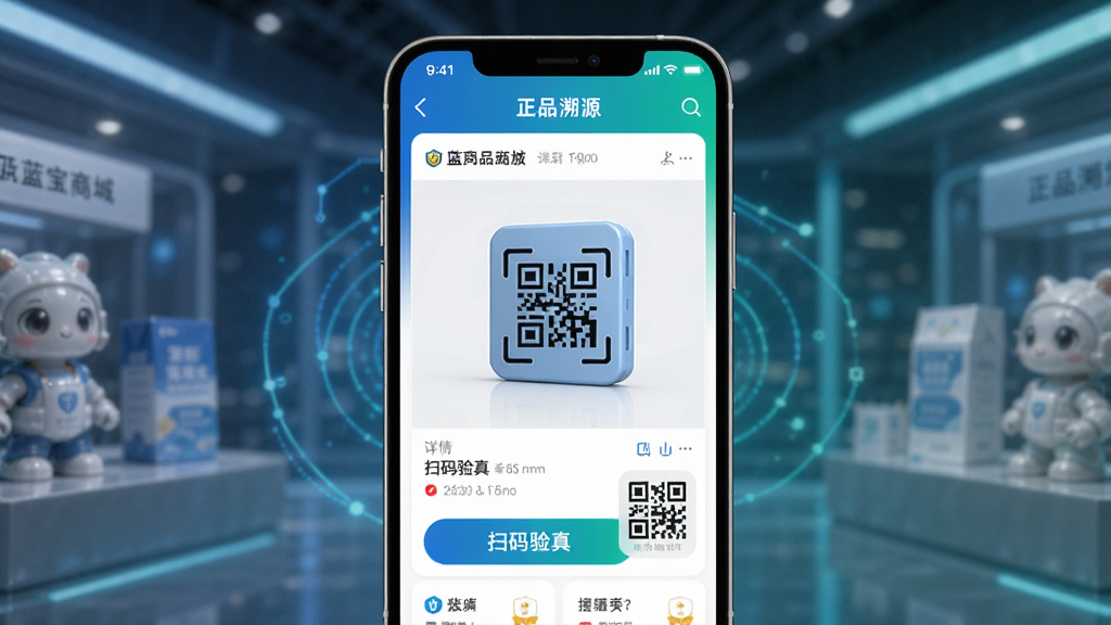 主体为蓝宝商城APP的“正品溯源”功能界面,屏幕中显示一个商品详情页,带有“扫码验真”按钮与防伪码图标。布局居中对称,蓝绿色调,科技感与信任感结合,高清UI设计,细节精致,画质干净,无多余元素。