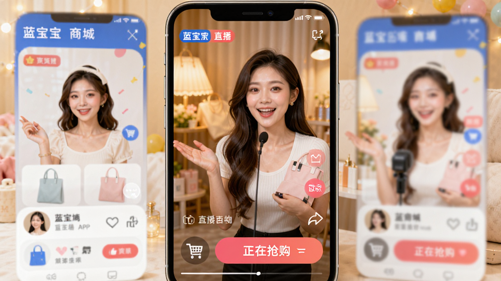 主体为蓝宝商城APP的直播购物界面,屏幕中一位主播正在介绍商品,下方有购物车图标与“正在抢购”按钮。布局为竖屏直播风格,暖色调灯光,活泼氛围,高清画质,细节生动,干净无多余元素。
