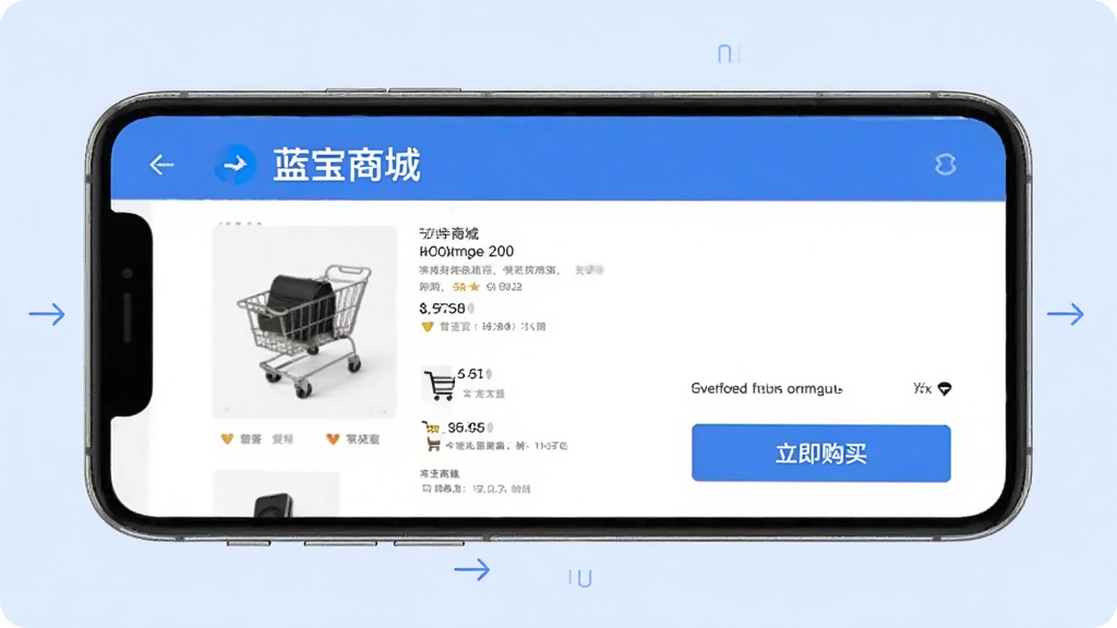 主体为手机横屏演示“蓝宝商城”购物流程,屏幕中显示商品详情与“立即购买”按钮。布局为分步骤示意,配以箭头指示,浅蓝色背景,简洁商务风格,高清画质,干净无多余元素。