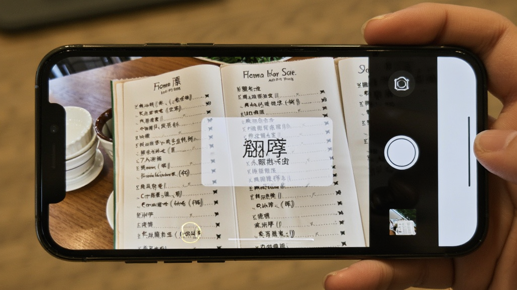 智能翻译官拍照翻译功能,手机拍摄外文菜单,屏幕显示翻译结果,高清画质,干净无多余元素