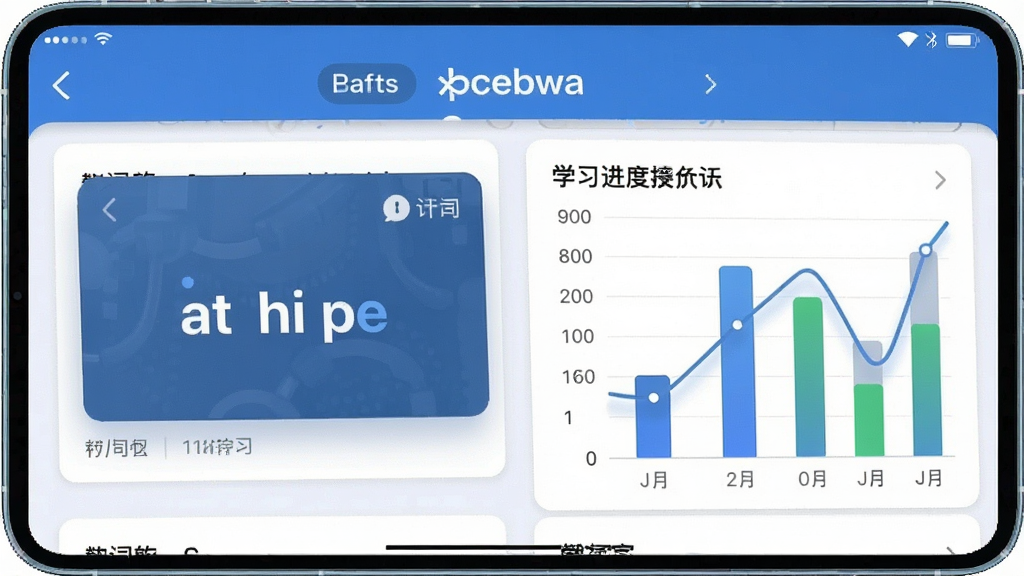 智能翻译官生词本界面,单词卡片展示,学习进度图表,高清画质,干净无多余元素