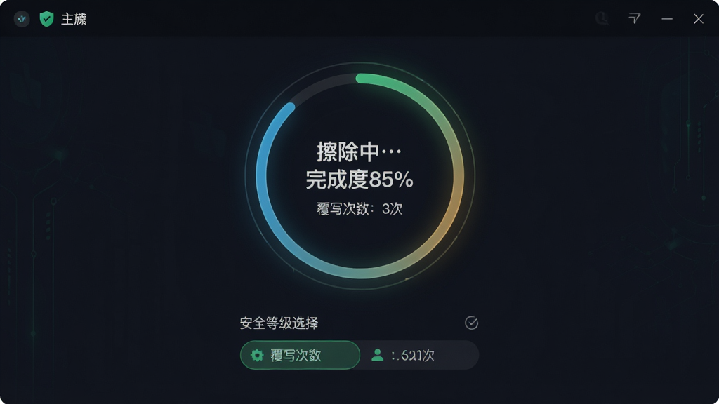 主体:数据擦除界面,显示擦除进度与覆写次数。布局:中央为圆形进度指示器,下方为安全等级选择。排版:简洁,信息明确。风格:高安全感,深色背景。细节:进度指示器显示“擦除中… 完成度85%”,并标注“覆写次数:3次”。画质:高清,无多余元素。
