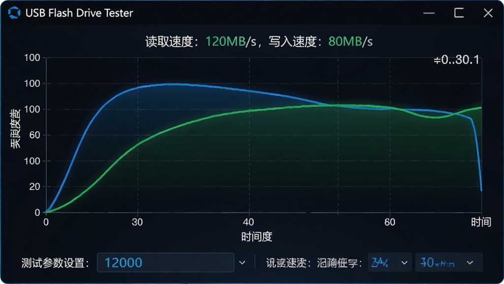 主体:USB Flash Drive Tester速度测试界面,显示读写速度折线图。布局:图表占主要区域,下方为测试参数设置。排版:横轴为时间,纵轴为速度,曲线平滑。风格:现代科技风,蓝色与绿色线条。细节:图表上方标注“读取速度:120MB/s,写入速度:80MB/s”。画质:高清晰度,专业,无多余元素。