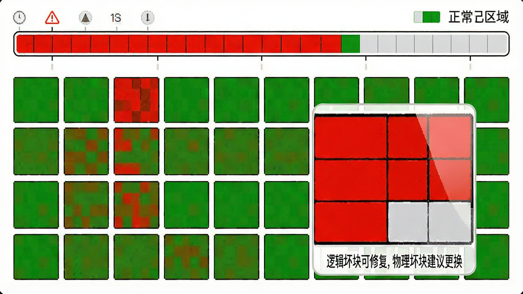 主体:扫描进度条与坏块标记区域,红色表示坏块,绿色表示正常。布局:进度条位于顶部,下方为存储块状态方格图。排版:方格图整齐排列,颜色区分明显。风格:简洁,警示感。细节:坏块区域放大显示,并标注“逻辑坏块可修复,物理坏块建议更换”。画质:清晰,无多余元素。