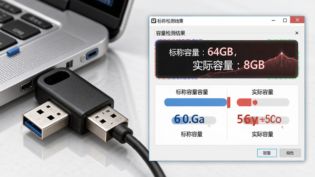 主体:U盘插入电脑,软件界面显示容量检测结果,对比标称容量与实际容量。布局:左侧为U盘实物图,右侧为软件窗口,突出显示容量差异。排版:文字简洁,数据对比醒目。风格:写实与界面结合,清晰直观。细节:软件窗口显示“标称容量:64GB,实际容量:8GB”字样。画质:高清,细腻,无多余元素。