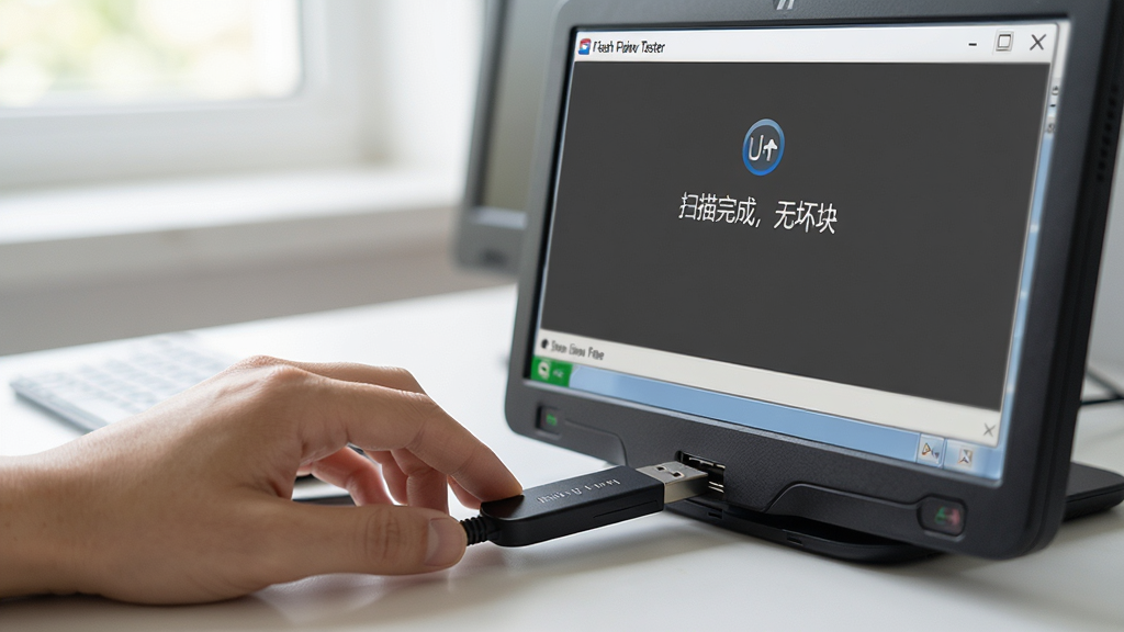 主体:用户正在电脑上操作USB Flash Drive Tester,U盘插入前置USB口。布局:用户手部特写,屏幕显示软件界面。排版:清晰展示操作动作。风格:写实,自然光。细节:屏幕显示“扫描完成,无坏块”提示。画质:高清,无多余元素。