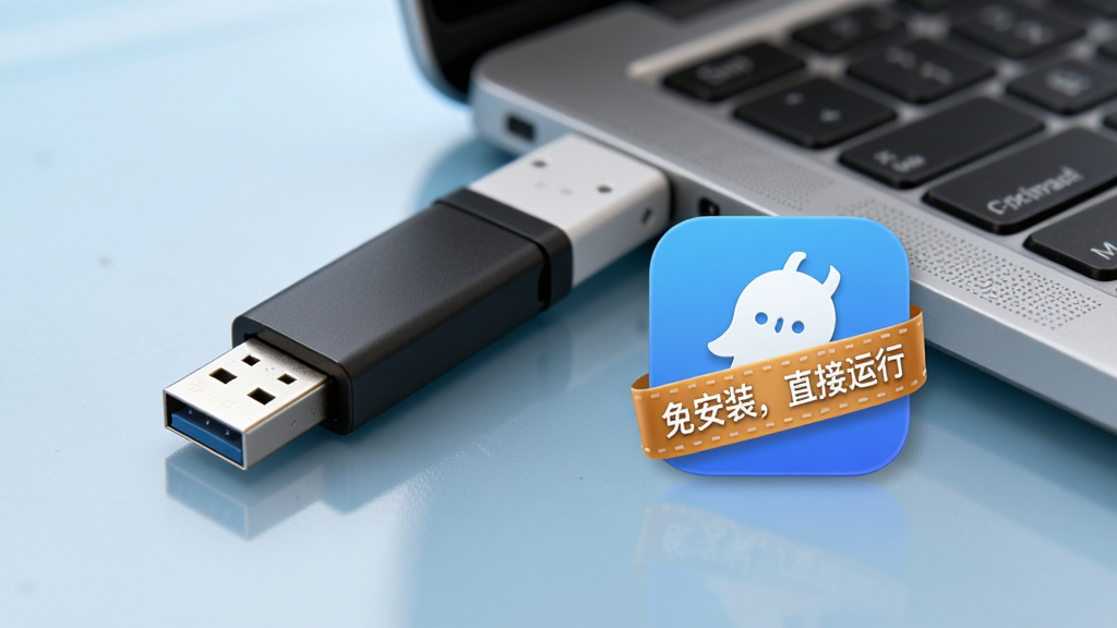 主体:U盘插入电脑,软件从U盘直接运行,无需安装界面。布局:U盘与软件图标并列,背景为电脑桌面。排版:简洁,突出便携性。风格:清爽,生活化。细节:软件图标上标注“免安装,直接运行”。画质:高清,无多余元素。