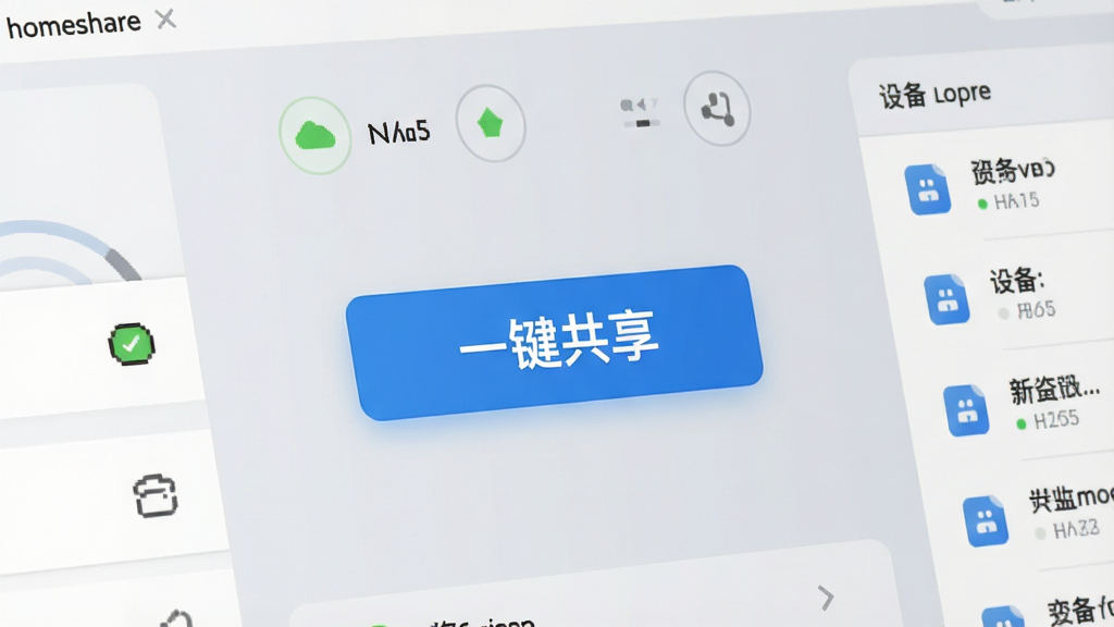 一张homeshare宽带共享软件操作界面的特写截图,界面中央是一个醒目的蓝色“一键共享”按钮,周围分布着网络状态指示图标和设备列表,背景为柔和的浅灰色渐变,按钮上带有“一键共享”字样,整体布局简洁清晰,风格现代简约,细节丰富,画质干净无多余元素