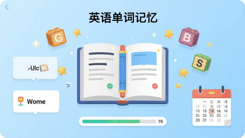主体为“英语单词记忆”软件界面展示图,中央是一本翻开的电子词典,周围悬浮着字母积木和闪亮的星星,背景为浅蓝色渐变,布局采用居中对称,排版干净清爽,风格为扁平化插画,细节包括单词卡片、进度条和打卡日历,画质高清明亮,干净无多余元素