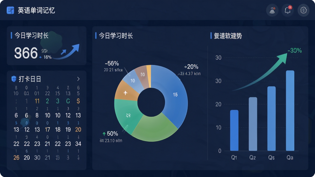 展示“英语单词记忆”软件数据统计页面,主体为饼状图与柱状图组合,左侧显示今日学习时长和打卡日历,背景为深蓝色,布局为左右对称,排版专业,风格为商务数据大屏,细节包括百分比标注和趋势箭头,画质通透,干净无多余元素