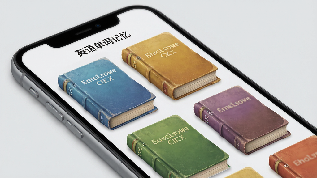 展示“英语单词记忆”软件词库列表界面,主体为手机屏幕模型,屏幕内显示多本不同颜色的词书封面,背景为浅灰色,布局为纵向排列,排版整齐,风格为拟物化设计,细节包括书脊和页码,画质柔和,干净无多余元素