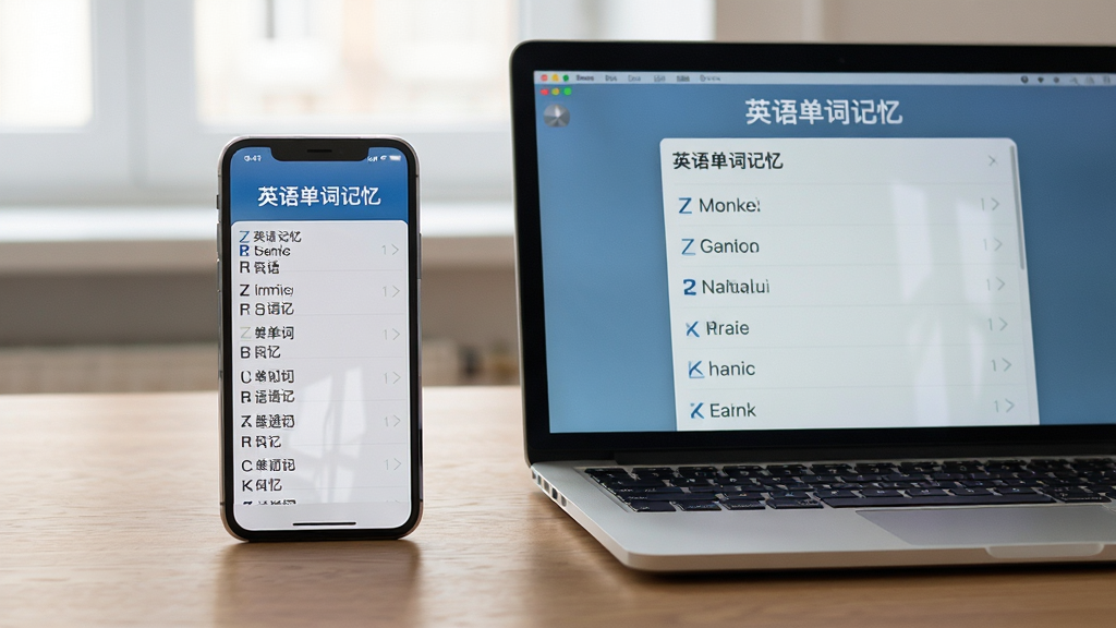 展示“英语单词记忆”软件在手机和电脑上同步使用的场景,主体为一部手机和一台笔记本电脑并排摆放,屏幕中显示相同的单词列表界面,背景为简洁的书桌,布局为左右并列,排版自然,风格为写实摄影风格,细节包括屏幕反光和桌面纹理,画质高清,干净无多余元素