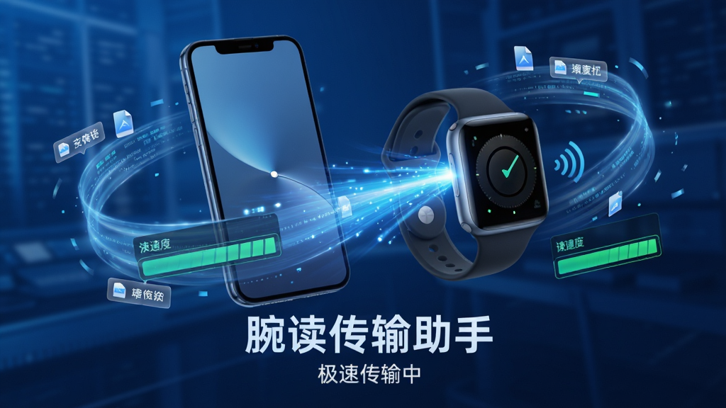 主体:手机与手表之间无线传输文件,传输速度极快,呈现光速流动效果。布局:画面中央是两款设备,周围有半透明的数据流环绕。排版:设备下方显示“腕读传输助手”字样,以及“极速传输中”状态。风格:动感、科技蓝为主色调。细节:数据流中可见文件名标签,传输速度指示条满格。画质:4K级清晰,干净,无多余元素。