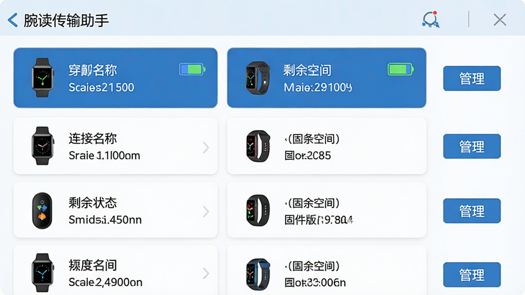 主体:一个管理界面,显示多个穿戴设备(手表、手环)的连接状态与存储信息。布局:界面采用列表形式,每行一个设备,右侧有“管理”按钮。排版:顶部标题“腕读传输助手”,下方设备卡片带电量图标。风格:商务蓝、清晰、易读。细节:设备名称、剩余空间、固件版本号显示完整。画质:UI截图风格,干净,无多余元素。