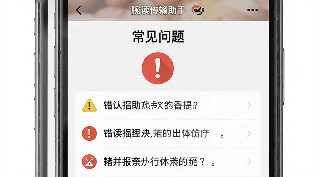 主体:手机屏幕显示“腕读传输助手”应用内的错误提示与解决方法列表。布局:屏幕中央有一个感叹号图标,下方列出常见问题。排版:顶部标题“常见问题”,下方条目清晰。风格:简洁、警示色(黄/红)。细节:每项问题前有图标,文字可读性强。画质:清晰,干净,无多余元素。