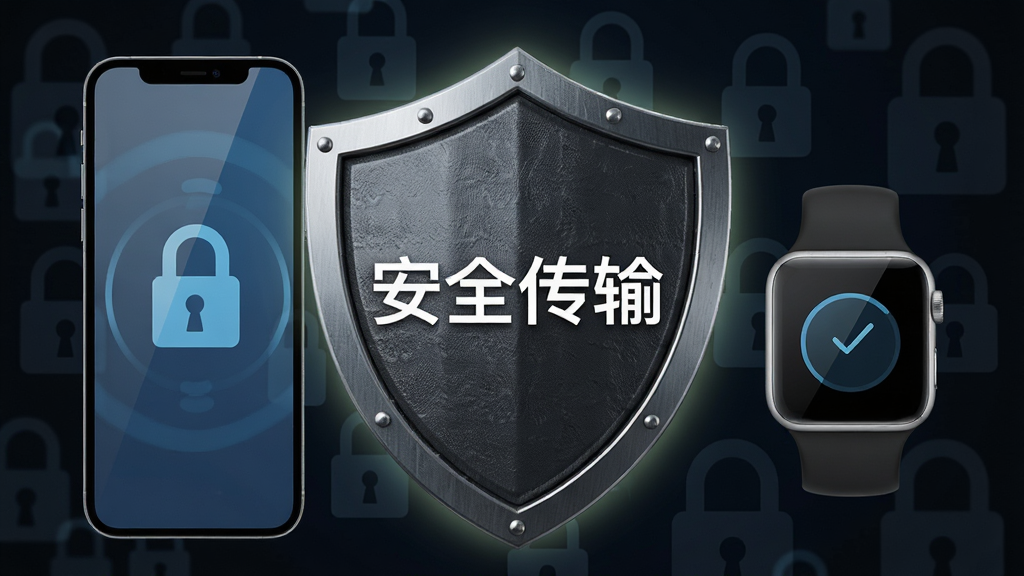 主体:一个盾牌图标覆盖在手机与手表之间,表示安全传输。布局:盾牌位于中央,两侧是设备,背景有加密锁图案。排版:盾牌上写有“安全传输”字样。风格:严肃、科技感、深色背景。细节:盾牌纹理清晰,周围有微弱的光晕。画质:写实渲染,干净,无多余元素。
