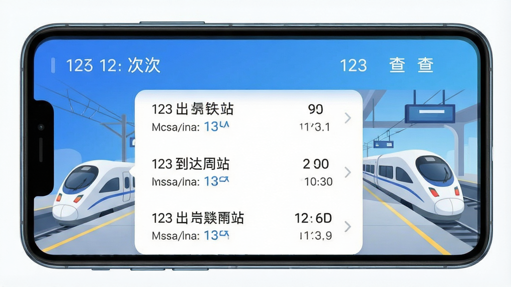 一张智能手机屏幕展示123火车高铁订票查应用主界面,界面清晰显示车次列表、出发到达站名与时间,背景为简洁的蓝色渐变,配有高铁图标与站台元素,整体风格现代简洁,画质干净,无多余元素