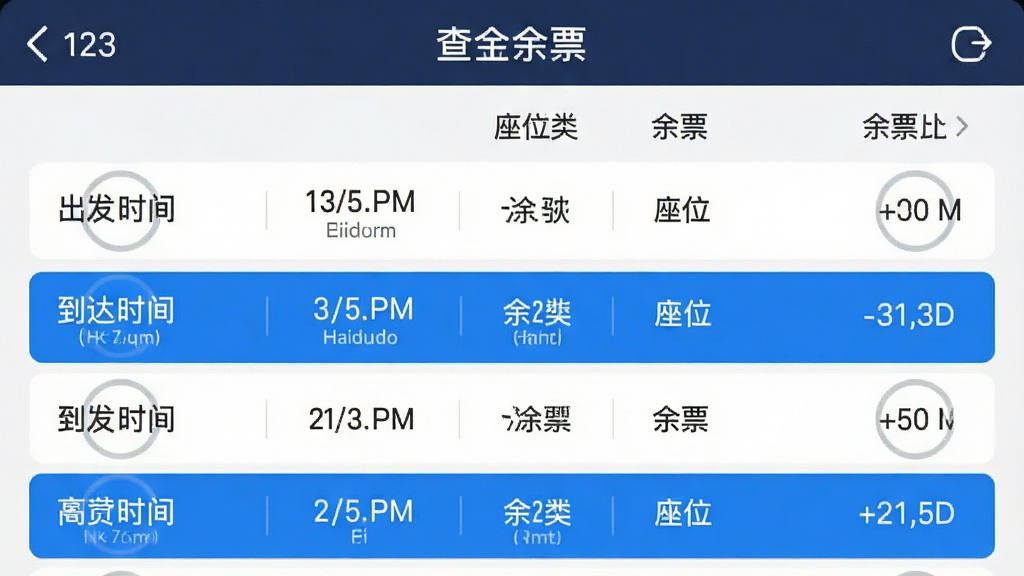 123火车高铁订票查应用内余票查询页面,列表展示多个车次信息,包括出发时间、到达时间、座位类型与余票数量,界面整洁,数据清晰,配有蓝色高亮选中效果,画质干净,无多余元素