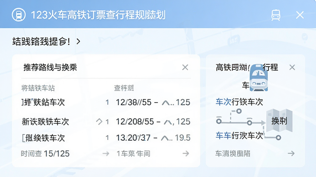123火车高铁订票查行程规划结果页面,显示推荐路线与换乘信息,包含车站名称、车次号、时间节点,配有时钟与路线图图标,界面采用浅色背景,信息层次分明,画质干净,无多余元素