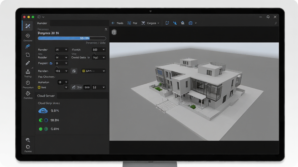 渲染软件界面,主体是电脑屏幕上显示的3D建筑模型渲染进度条,布局为左侧工具栏右侧实时预览窗口,排版简洁明了,风格现代科技感,细节包括渲染参数设置面板和云服务器状态指示,画质清晰且干净,无多余元素。