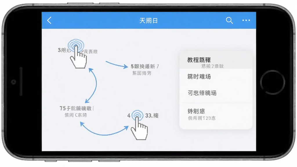 此天使用教程步骤图,手机操作界面,包含点击手势和菜单选项,步骤清晰,浅色背景,高清,干净无多余元素