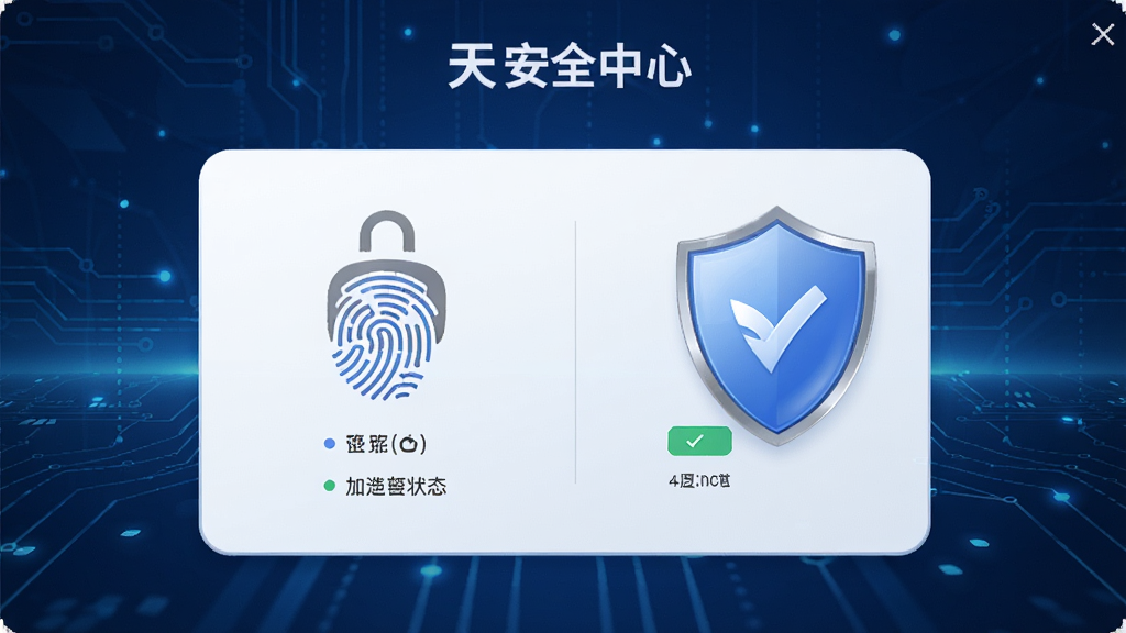 此天安全中心界面,显示指纹解锁和加密状态,盾牌图标,蓝色科技感背景,细节丰富,高清渲染,干净,无多余元素